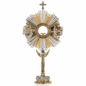 Monstrance Metal Handmade Reliquary With <b>Antique</b> <b>Brass</b> Finishing Round Shape Embossed Floral & Woman Design Blessed Sacraments - Product Image 1