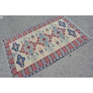 พรมตุรกีโบราณพื้นที่ขนาดใหญ่3.4 x 5.6ft คลาสสิกสีแดงสีน้ำเงินแบบปะต่อดีไซน์ขนแกะขนาด10มม. พรมปูพื้นห้องโถงสี่เหลี่ยมผืนผ้า - Product Image 2