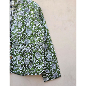 Hecho a mano de alta calidad transpirable Reversible verde girasol bloque impreso Burfi chaqueta acolchada de Invierno para mujer raya única - Product Image 3