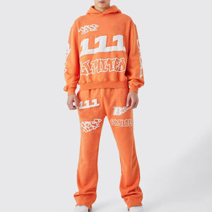 Ensemble de survêtement unisexe avec logo personnalisé, sweat à capuche rose à taille élastique, impression sérigraphique délavée, jogging, streetwear, hiver, OEM - Product Image 1