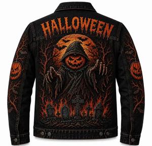Sports World Halloween Automne Veste en jean pour homme noire, imprimé citrouille, corbeau et chauve-souris, délavée, coupe droite, fermeture boutonnée, logo, décontractée - Product Image 2