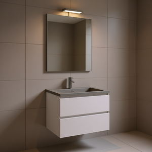 Meuble de salle de bain mural moderne KORICINI en deux parties avec tiroirs en bois blanc, plateau en béton, miroir 60x80 avec ensemble de lampes Belize - Product Image 3