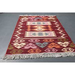 Tapis de 2,9 x 4,1 pieds, tapis turc vintage, tapis en laine à carreaux rouge beige - Product Image 2