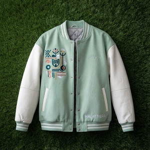 Chaqueta de Hombre Verde Menta con Mangas de Cuero, Mezcla de Lana, Botones a Presión, Cuello Acanalado, Bordada, Casual, Personalizada - Product Image 5