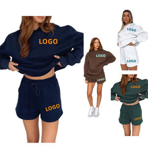 ชุดเสื้อมีฮู้ดและกางเกงขาสั้นแบบสวมหัวสำหรับผู้หญิงเสื้อผ้าเลานจ์เสื้อครอปท็อปสเวตเตอร์มีฮู้ดพิมพ์ลายสกรีน - Product Image 2