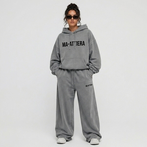 Conjunto de Sudadera con Capucha y Pantalones Anchos de Felpa Gris para Mujer, Estilo Casual, Urbano y Deportivo, Dos Piezas - Product Image 1