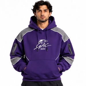 <b>Mens</b> Purple Hoodie With <b>Grey</b> Shoulder Panel Zipper Sleeve Pockets Drawstring Hood Kangaroo Pocket Streetwear Pullover <b>Sweatshirt</b> - Product Image 1