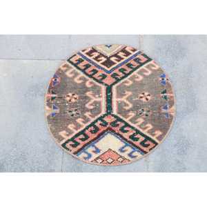 Rug, 1.7x1.7 ft Vintage Rug, <b>Brown</b> Floral Rug <b>Wool</b> - Product Image 1