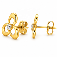 JJBRAVO Pendientes de Oro Sólido de 14k con Diseño Floral de Trébol Abierto y Circonitas Redondas para Mujer, Regalo para Bodas y Fiestas, Joyería Fina