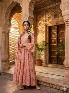 Pink Floral Hand Block Print Maxi <b>Dress</b> Tiered Cotton Long Gown Women V Neck Ethnic <b>Boho</b> <b>Summer</b> <b>Dress</b> Indian Artisanal Wear - Product Image 5