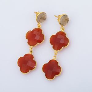 Pendientes de Piedras Preciosas de Color Naranja Ahumado de 6 Pulgadas y 18 Gramos |   10 mm Redondo y 16 mm Forma Elegante |   Plata de Ley 925 Chapada en Oro de 18K - Product Image 5