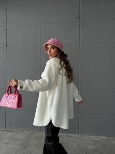 Chaqueta de felpa con solapa informal holgada, forro polar de cordero, Camisa larga de manga larga para mujer, Otoño Invierno, blanco - Product Image 2