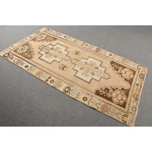 3.3x6.7 ft Rug, Vintage Turkish Rug, <b>Brown</b> Check <b>Wool</b> Rug - Product Image 2