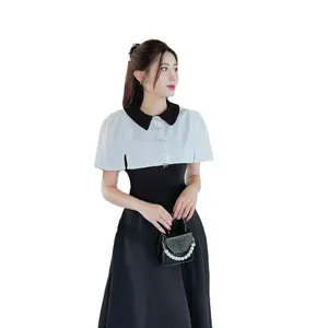 Summer 2023 Women's Party Dress with Doll Collar Design, Black and White Color Scheme, A-line Flare