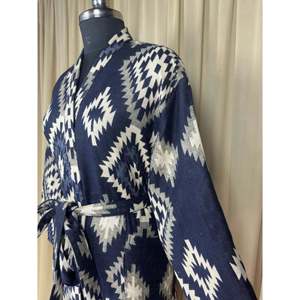 Cozy Winter Romance Yak Wool Blend Women <b>Kimono</b> Robe Blue Diamond Print <b>Cardigan</b> House Coat with Quirky Pockets Soft ODM Supply - Product Image 6