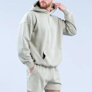 Ensemble de survêtement en molleton technique en coton et polyester personnalisable, respirant, à capuche, uni, blanc, pour le sport, la salle de sport, coupe ample, shorts - Product Image 2