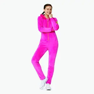 100% Polyester One Way Zipper Opening Front Kangaroo Pocket Pink Women Alps Soft Velvet Fitted Jumpsuit