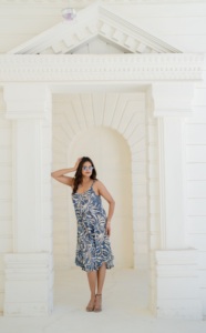 Vestido Midi de Verano con Estampado de Hojas de Palma Azul y Blanco, Vestido de Vacaciones Tropical, Estampado Botánico, Manga Abullonada, Cintura Natural, Lavable - Product Image 3