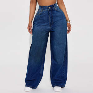 Wholesale Autumn <b>Womens</b> <b>Jeans</b> Washed Blue Flare Customer Logo High <b>Waist</b> <b>Elastic</b> Buttons Denim Pants <b>Womens</b> <b>Jeans</b> - Product Image 3