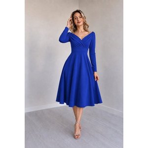 Vestido midi plisado de crepé Janjan con cuello y doble botonadura, manga larga, para mujer, 38128 - Saks Mavi - Product Image 2