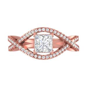 Bague de fiançailles en or rose 14K/18K avec diamant de laboratoire taille princesse, design unique à halo torsadé et à tige fendue, bijoux de mariée raffinés - Product Image 2