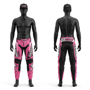 Pantalones de poliéster y elastano de alta calidad para hombre, con paneles en contraste rosa, negro y blanco, con logotipo personalizado estampado en caliente. Pantalones de motocicleta. - Product Image 1