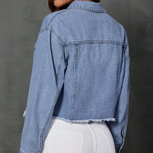 Veste en jean bleu clair à manches longues pour femmes couleur unie fermeture à boutons en métal Simple mode décontractée pour les jeunes - Product Image 3