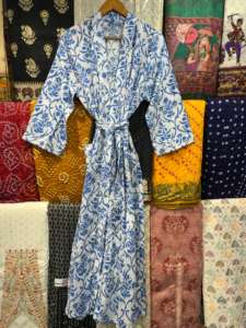 Bata Kimono de Algodón, Bata de Dama de Honor con Estampado de Bloques, Ropa de Dormir de Verano, Talla Única - Product Image 5