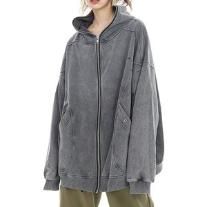 Sudadera con capucha desgastada de algodón de alta calidad de gran tamaño Vintage lavado con ácido Full Zip Up Hoodie con bolsillos sudaderas sueltas personalizar hacer - Product Image 3