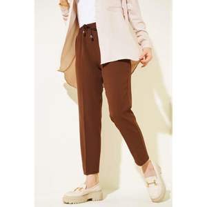 Pantalones marrones para mujer con detalle de cuerda, cintura elástica, pierna delgada, transpirable, pierna recta, pantalones Cargo de lona, técnicos arrugados - Product Image 4