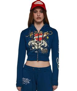 Ensemble 2 pièces polaire imperméable zippé à capuche pour femme grande taille 2025 – Haut court et pantalon de jogging décontracté imprimé crânes pour l'hiver - Product Image 1