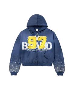 Sweat-shirts pour hommes de haute qualité en coton 100% surdimensionnés, lavés à l'acide, sérigraphiés, avec des strass brodés vintage personnalisés - Product Image 1