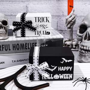 2 piles de livres en bois d'Halloween avec rubans Happy Halloween Bat Pumpkin Prints Faux Book Bundles Black White Stacked Books - Product Image 4