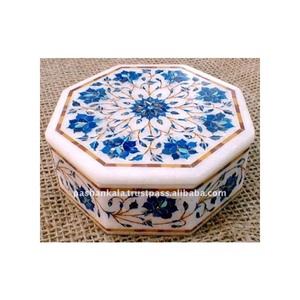 แปดเหลี่ยมหินอ่อนสีขาวบริสุทธิ์สีฟ้า Lapis Lazuli หินฝังทำงานกล่องเก็บเครื่องประดับสำหรับตกแต่งบ้าน - Product Image 1