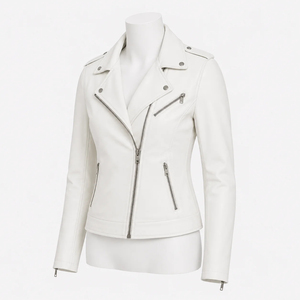 Premium <b>Women's</b> <b>White</b> PU Leather Moto <b>Jacket</b> Studded Lapel Collar Asymmetric Zipper Biker Style Spring/Winter Wear Waterproof - Product Image 6