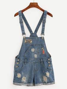 Denim High Quality <b>Short</b> <b>Dungaree</b> for <b>Women</b> Light Wash Distressed Vintage Effortless Style Bib Overall Button Printed Trendy - Product Image 6