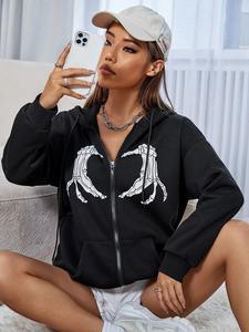 Vente en gros de sweat à capuche zippé épais pour femmes avec poches latérales et manches longues - Product Image 2