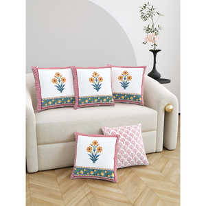 Housse de coussin en coton imprimé bloc du Rajasthan fait à la main en rouge jaune ensemble de 5 pièces - Product Image 6