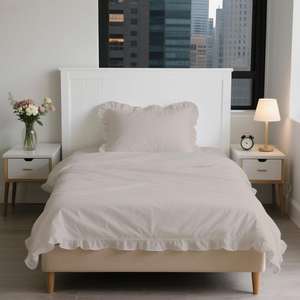 Parure de lit premium en polycoton rayé beige, 3 pièces (housse de couette, drap-housse, taie d'oreiller) avec volants géométriques simples - Product Image 3