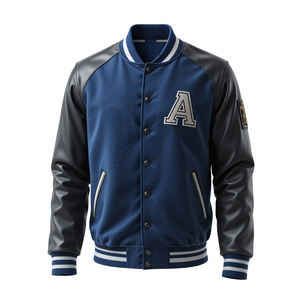 Vestes varsity pour hommes avec corps en laine de qualité supérieure, manches en cuir PU et bordure côtelée rayée classique pour un style streetwear quotidien - Product Image 3
