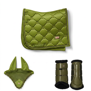 Green Dressage Saddle Pad Set With Mesh Neck <b>Cover</b> And Brushing <b>Boots</b> For Riding - Product Image 1