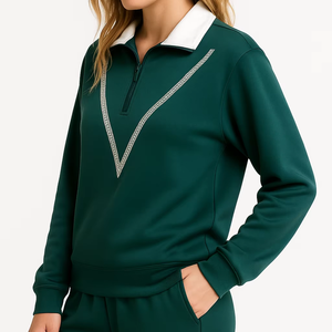 Sudadera con capucha y media cremallera para mujer, personalizada con estampado, manga larga, informal, holgada, de color liso - Product Image 1