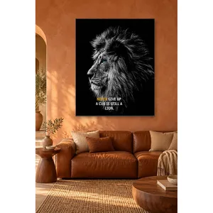 Impression sur toile du lion aux yeux bleus Fida et du texte « Never Give Up » - Product Image 1
