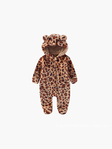 Venta al por mayor de moda de invierno con estampado de leopardo, además de terciopelo grueso y cálido con cremallera para niños y niñas, Pelele con capucha para niños y bebés, ropa - Product Image 3
