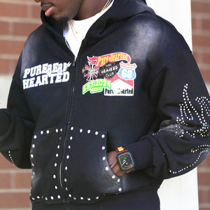 Premium Haute Qualité Hommes Acide Lavé Surdimensionné Hoodies Pierre Lavé Strass Vintage Streetwear Zipper Hoodies OEM Service - Product Image 6