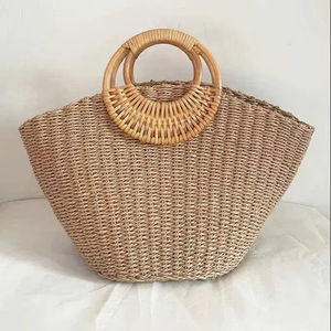 <b>Summer</b> Solid Color <b>Straw</b> <b>Bag</b> with Rattan Handle Open Closure Wholesale - Product Image 1