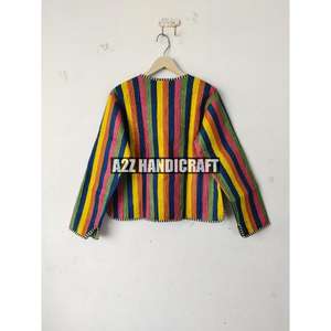 Veste courte à rayures multicolores vintage pour femmes manteau d'hiver en coton matelassé imprimé avec doublure en soie bouton décoration - Product Image 6