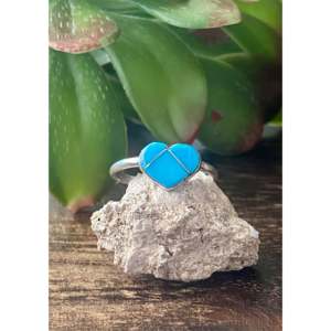 Navajo Handmade Boho <b>Statement</b> <b>Ring</b> Turquoise Sterling <b>Silver</b> Inlay Heart Gemstone <b>Ring</b> for Everyday Wear Natural Various Sizes - Product Image 1