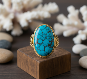 Bague en plaqué or rose, rhodié, turquoise, sertissage de pierre naturelle, design tendance pour femme, cadeau de fête de mariage unisexe - Product Image 3