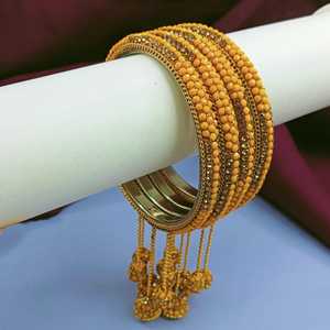 Joyería India al por mayor con cuentas colgantes Jhumki borla encantos diamantes de imitación cristal nupcial boda brazalete indio para mujeres, amarillo - Product Image 2